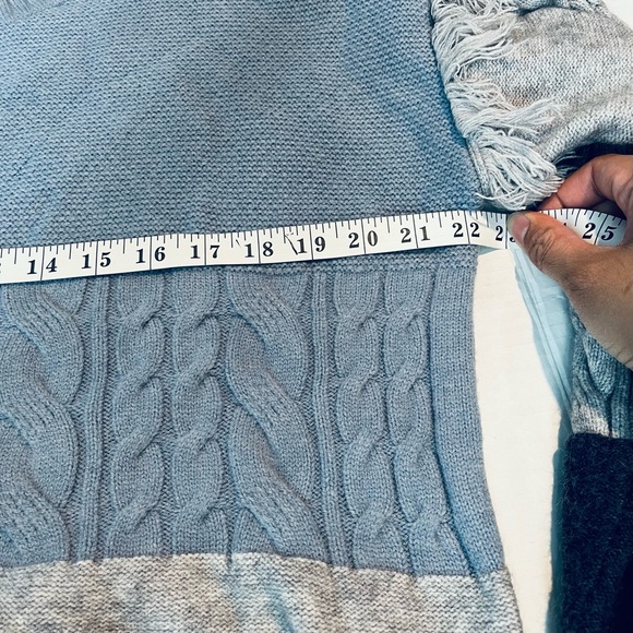 Patchwork Color Block Crew Sweater Sz Large Fringe Cable Knit Chunky Blue Gray - Picture 8 of 10
